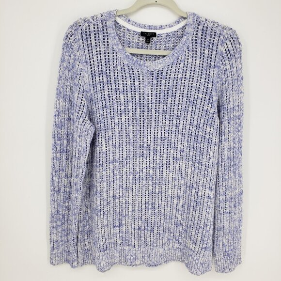 Talbots Open Knit Pointelle Sweater LP Cotton Scoop Marled Blue White - Picture 1 of 8
